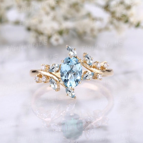 Unique Aquamarine Engagement Ring Women Nature Inspired Gold Ring