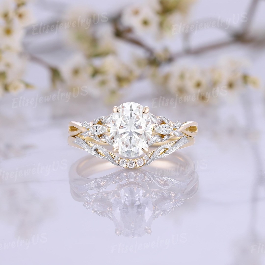 Oval Cut Moissanite Engagement Ring Set Two Tone Gold Moissanite ...