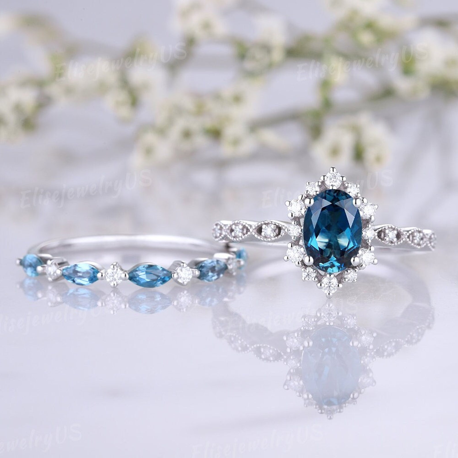 Dainty Oval Cut Topaz Engagement Ring Set White Gold London Blue Topaz ...