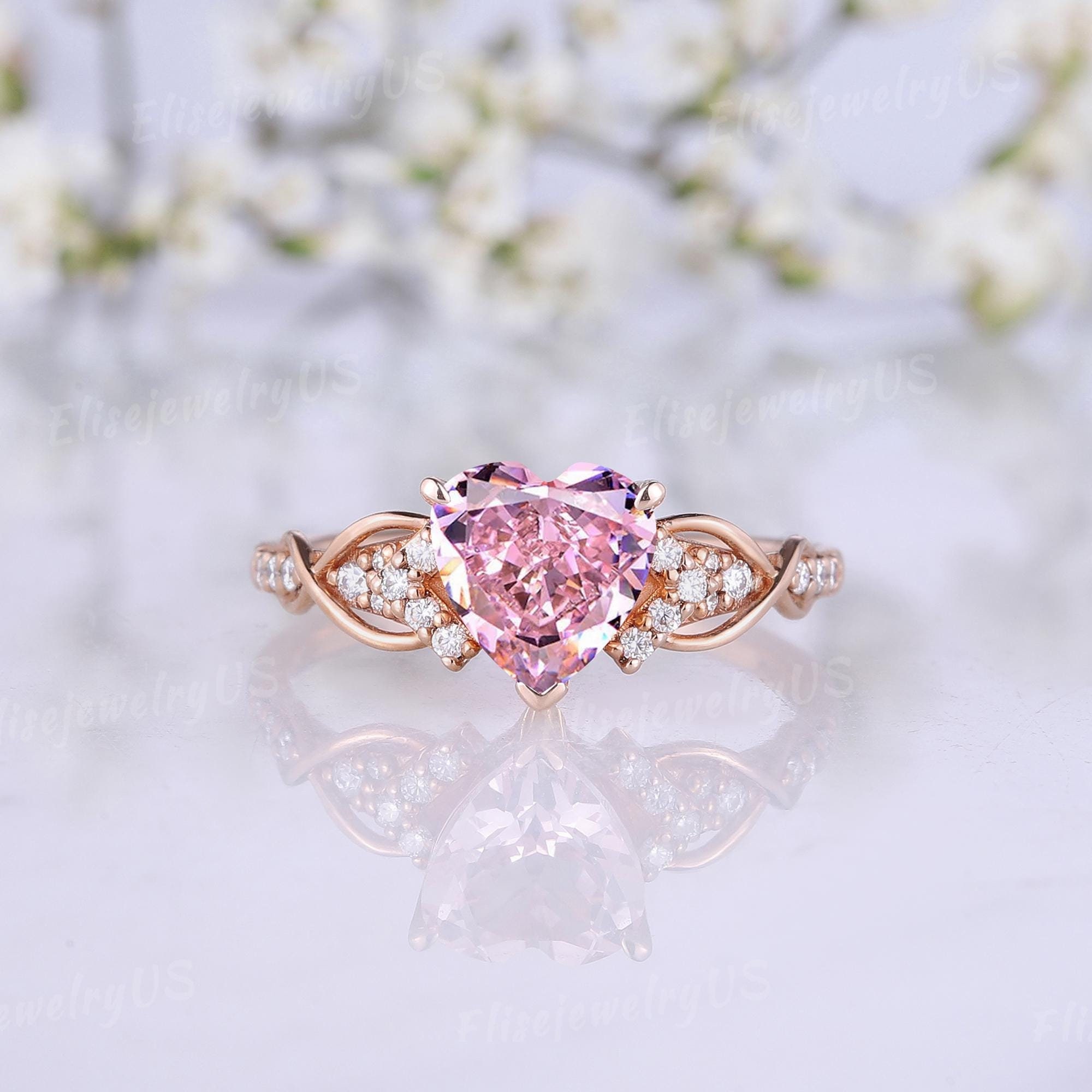 Unique Heart Shaped Pink Sapphire Engagement Ring Solid Rose Gold Moissanite Wedding Ring Art Deco Promise Anniversary Rings For Women