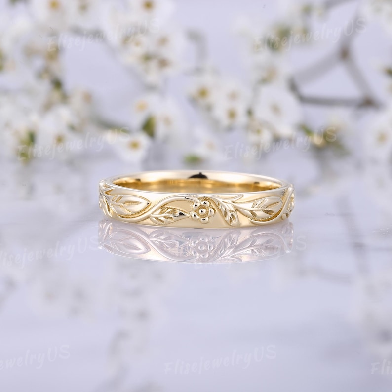 Men's Rings Leaf Pattern 3.5mm Nature Inspired Leaf Floral Wedding Band for Men, Solid Gold Ring ...