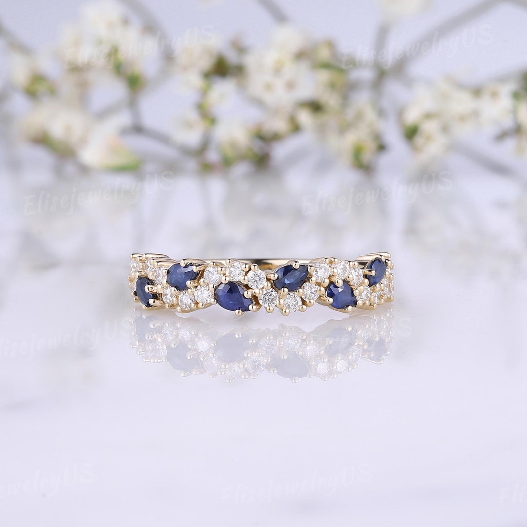 Unique Sapphire Wedding Band Women Pear Blue Sapphire Ring Moissanite ...
