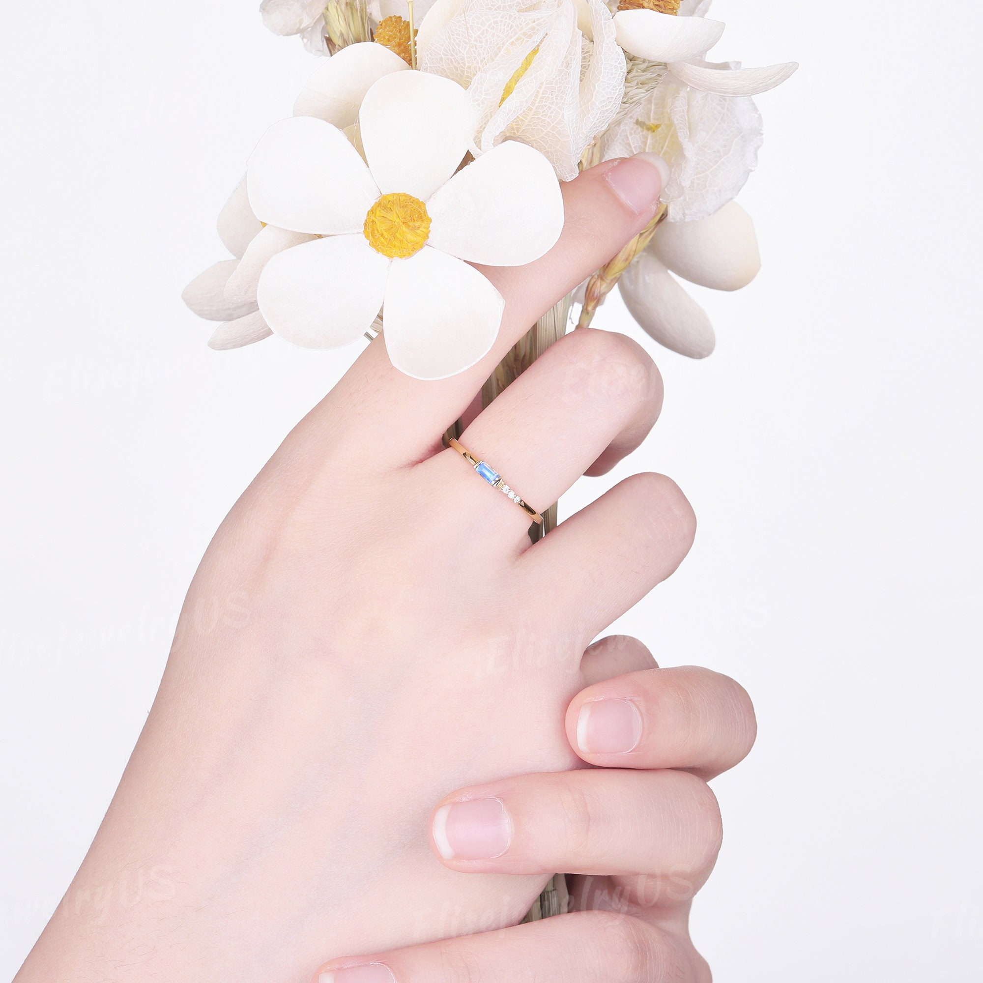 Dainty Moonstone Wedding Band Baguette Cut 14k Gold Unique