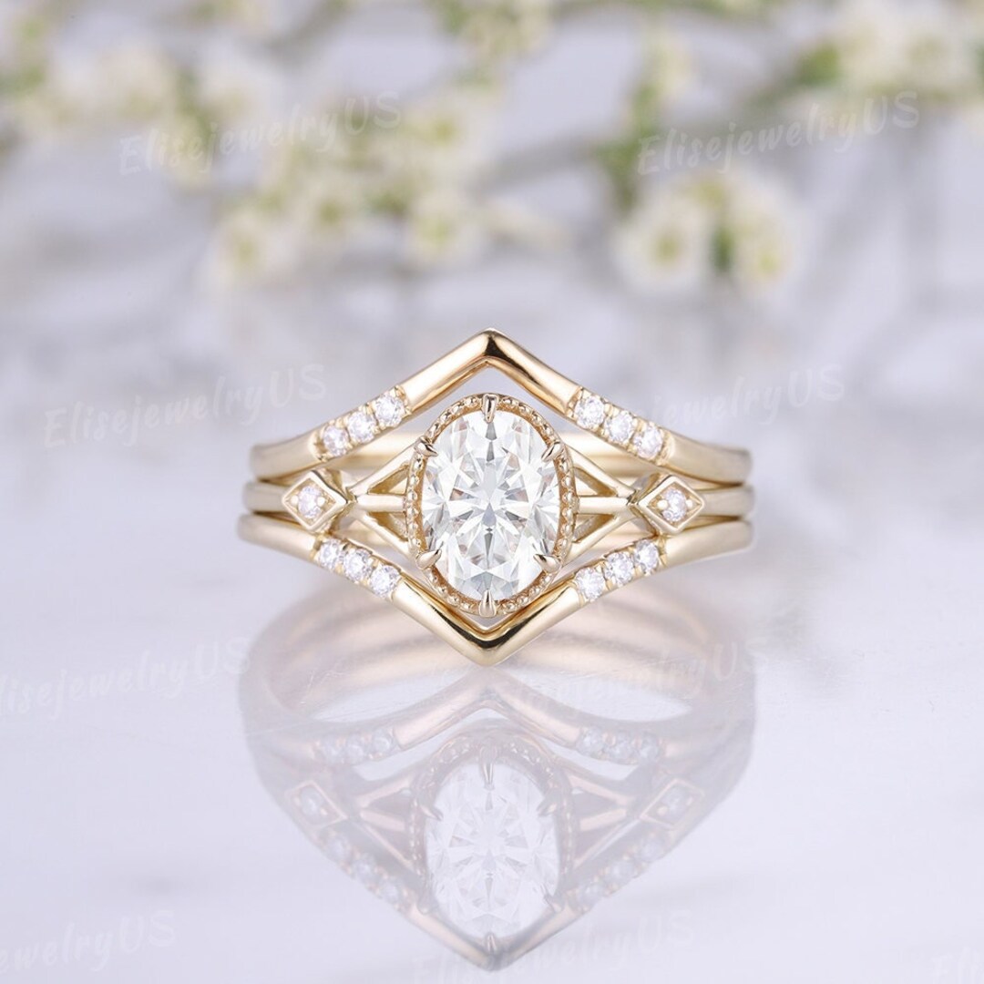Oval Cut Moissanite Engagement Ring Set 14K Yellow Gold Diamond Wedding ...
