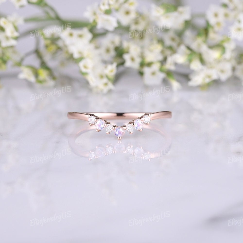 Moonstone wedding band vintage diamond curved wedding band unique chevron ring Rose Gold stacking matching delicate anniversary gift for her
