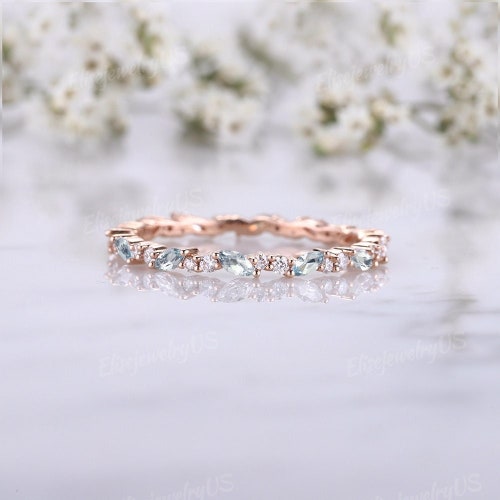Aquamarine Wedding Band Stacking Ring Rose Gold Plated Etsy
