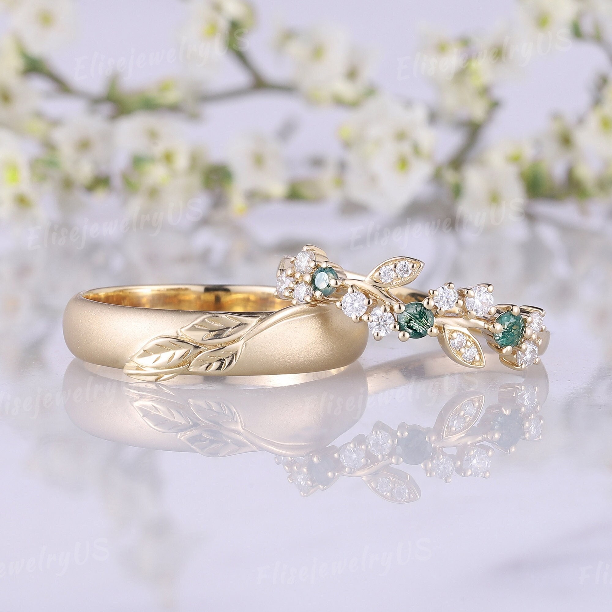 2pcs Leaf Couple Rings Set for Men and Women Moss Agate Wedding Ring Set  Nature Inspired Men Wedding Band Solid Gold Anniversary Ring - Etsy UK
