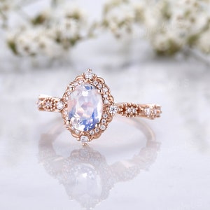 Vintage Moonstone Engagement Ring Unique Oval Cut Bridal Ring Rose Gold Halo Moissanite Cluster Ring Milgrain Birthstone Anniversary Gift image 3