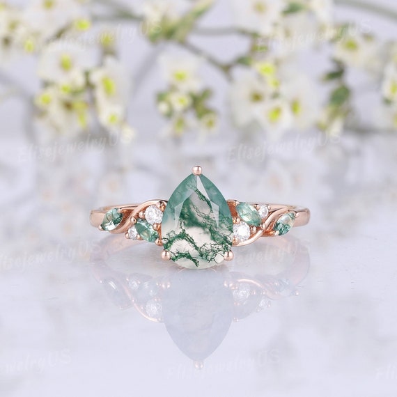 Moss Agate Engagement Ring Women Marquise Moss Agate Leaf Wedding Ring  Solid Rose Gold Unique Bridal Ring Nature Inspired Rings for Women - Etsy