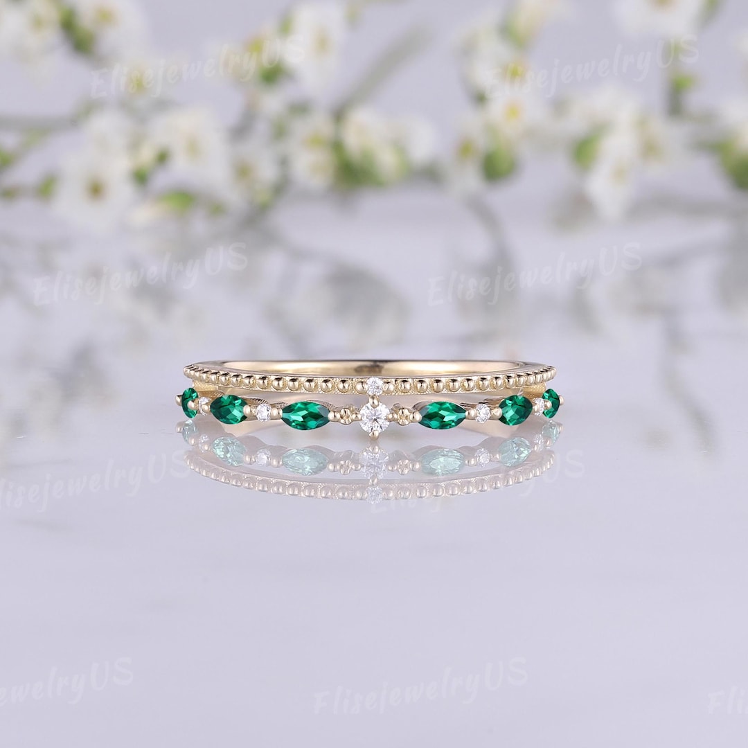 Marquise Cut Emerald Wedding Band May Birthstone Solid Gold Wedding ...