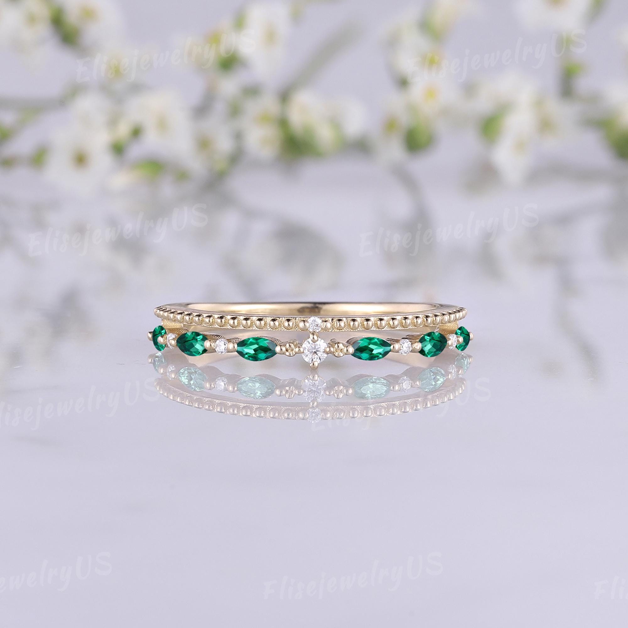 Marquise Cut Emerald Wedding Band May Birthstone Solid Gold Wedding ...