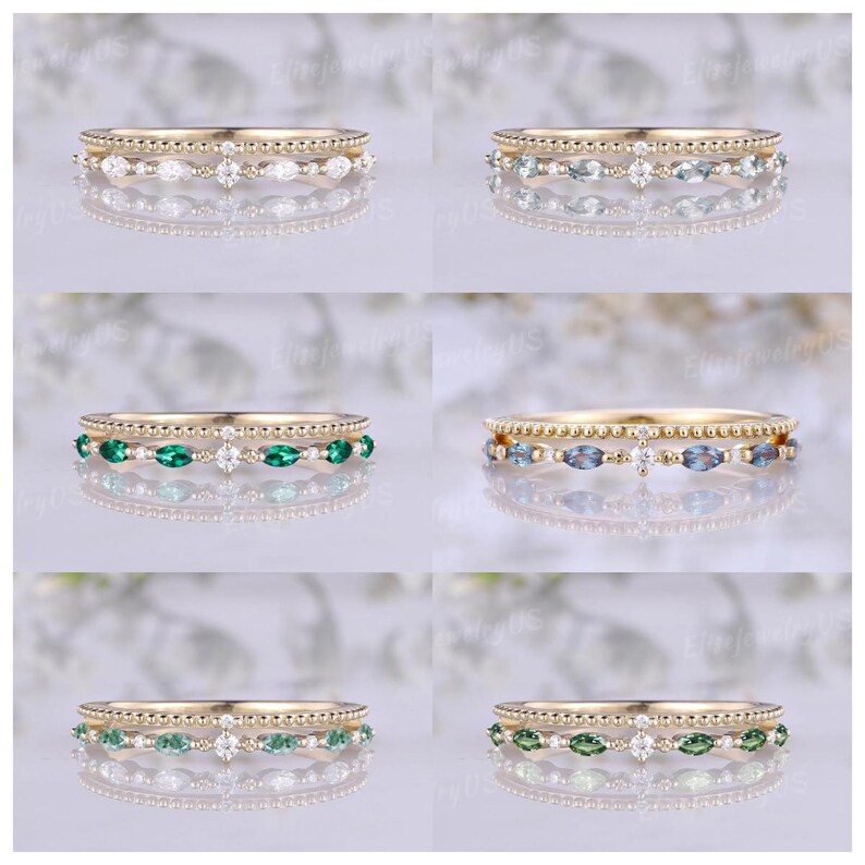 Marquise Cut Emerald Wedding Band May Birthstone Solid Gold Wedding ...