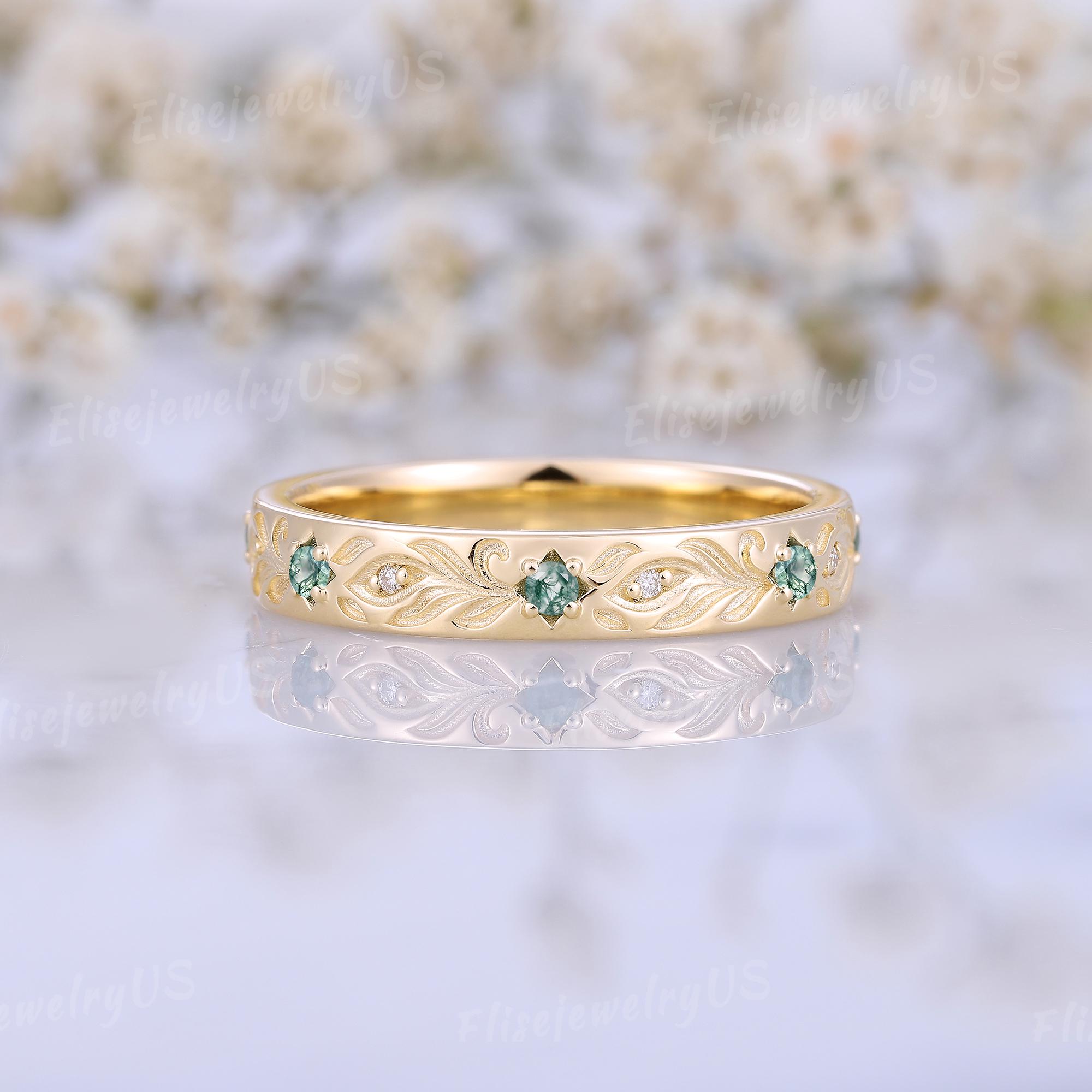 Nature Inspired Leaf Wedding Band Mens Moss Agate Wedding Ring Solid Gold Diamond Ring Handmade Leaf Engraved Ring Anniversary Gift For Him