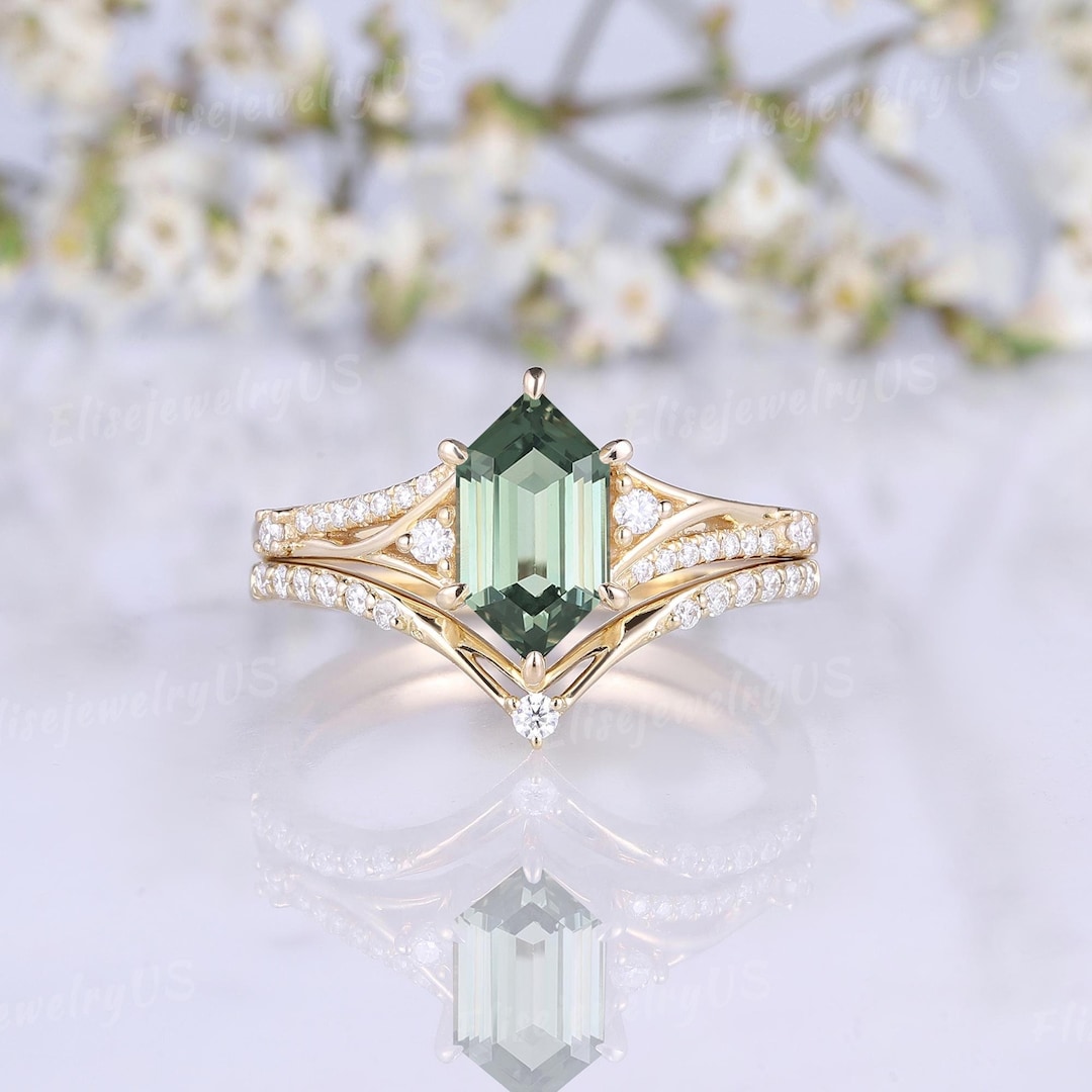 Unique Green Sapphire Engagement Ring Set Hexagon Cut 14k Gold Ring ...