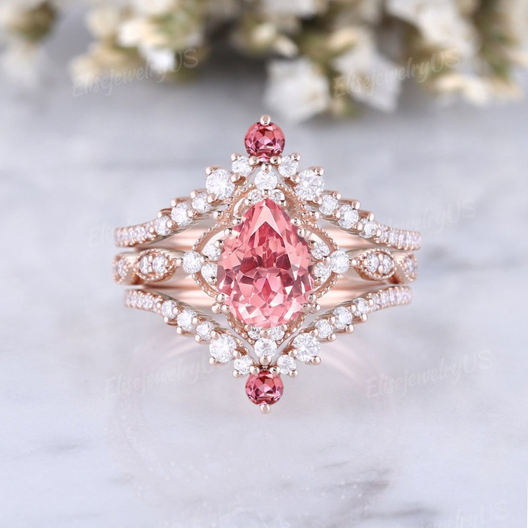 Unique Pink Sapphire Wedding Ring Set Pear Engagement Rings Moissanite ...