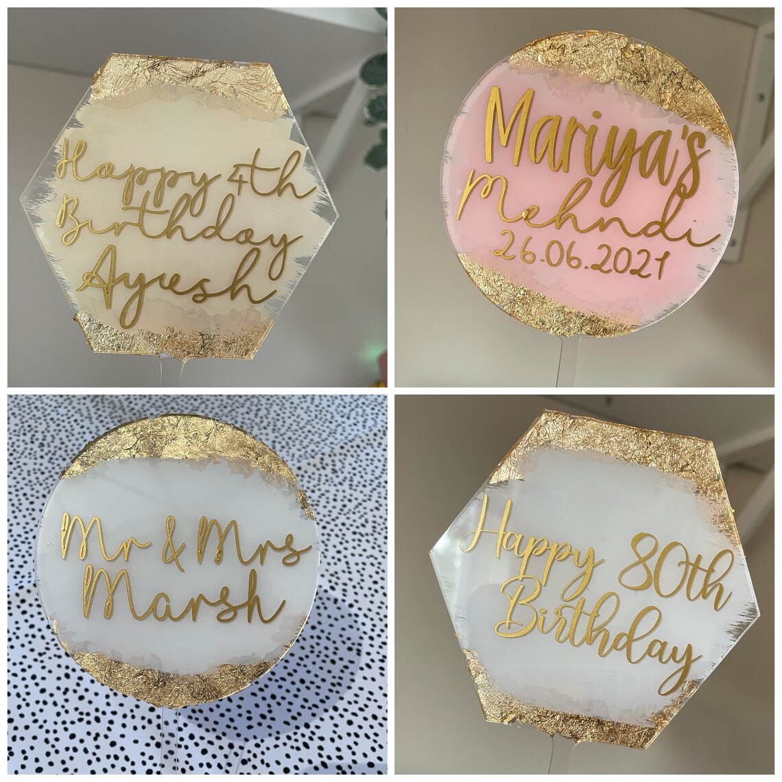 Personalised Round Acrylic Cake Topper with Gold Leaf / Flakes Etsy