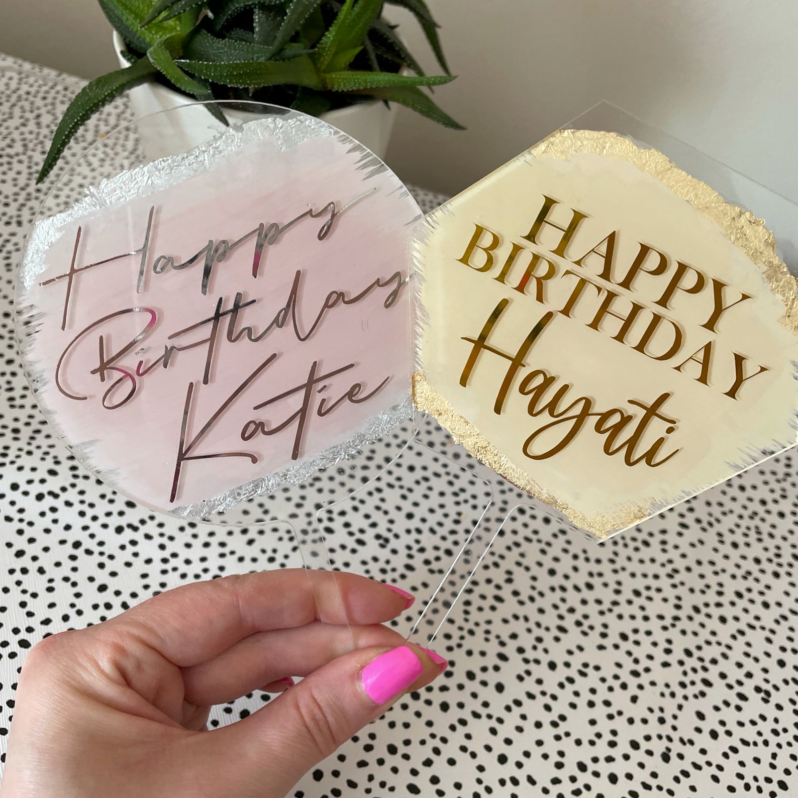 Personalised Round Acrylic Cake Topper with Gold Leaf / Flakes Etsy