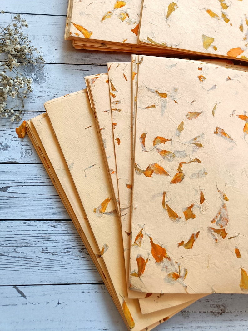 Marigold petal paper, A4 20 x 30 cm, flower petal paper, Indian Himalayan handmade paper, Orange flower petals image 1