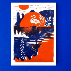 Linocut postcards flamant