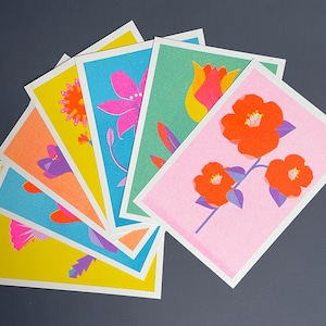 May include: A collection of colorful floral art prints. Each print features a different flower design in vibrant colors like pink, orange, yellow, and blue. The prints have white borders and are arranged on a dark gray surface.