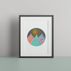 Sunrise Mountains Art Print - Gouache, A4, A5, Handmade, Line Art, Mountains, Sun, Pastel, Landscape, Minimalism, Metallic, Gold,  Nature