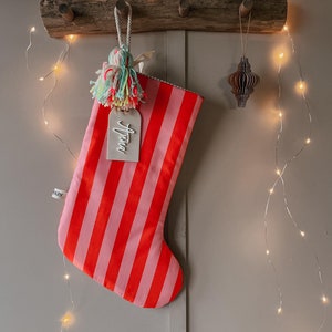 Modern Santa Claus boot pink-red striped with name | colorful Christmas stocking | Christmas sock | neon | unusual Santa Claus gift