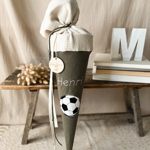 Cartable en mousseline FOOTBALL kaki avec broderie nature et nom