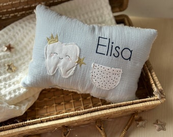 Tooth fairy pillow for baby teeth gift muslin light blue with name in dark blue