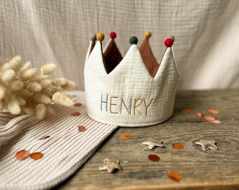 Birthday crown muslin natural with embroidery with desired name colorful brown tones neutral colors