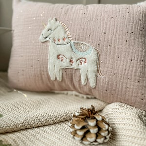 Name pillow with unicorn application in old pink with gold dots image 2