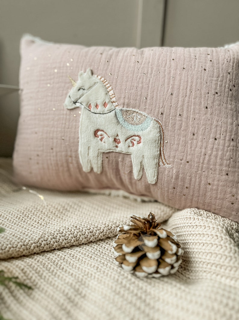 Name pillow with unicorn application in old pink with gold dots image 2