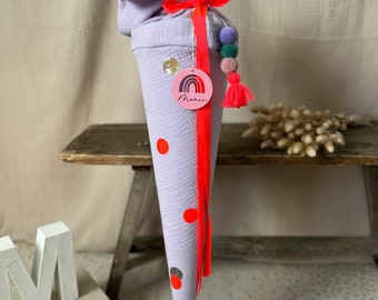 School bag muslin lilac with NEON red dots in coral