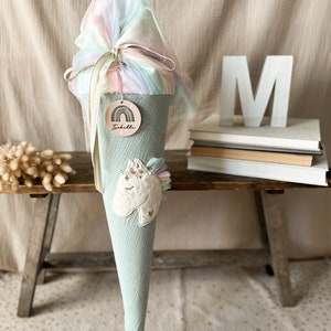 School cone muslin old mint with rainbow tulle | Horse appliqué made of cuddly fur with flower embroidery Boho Pony