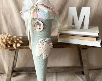 School cone muslin old mint with rainbow tulle | Horse appliqué made of cuddly fur with flower embroidery Boho Pony