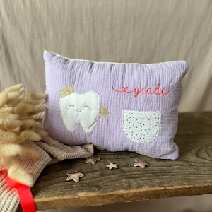 Tooth fairy pillow lilac with name neon for milk tooth gift image 1