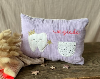 Tooth fairy pillow lilac with name neon for milk tooth gift