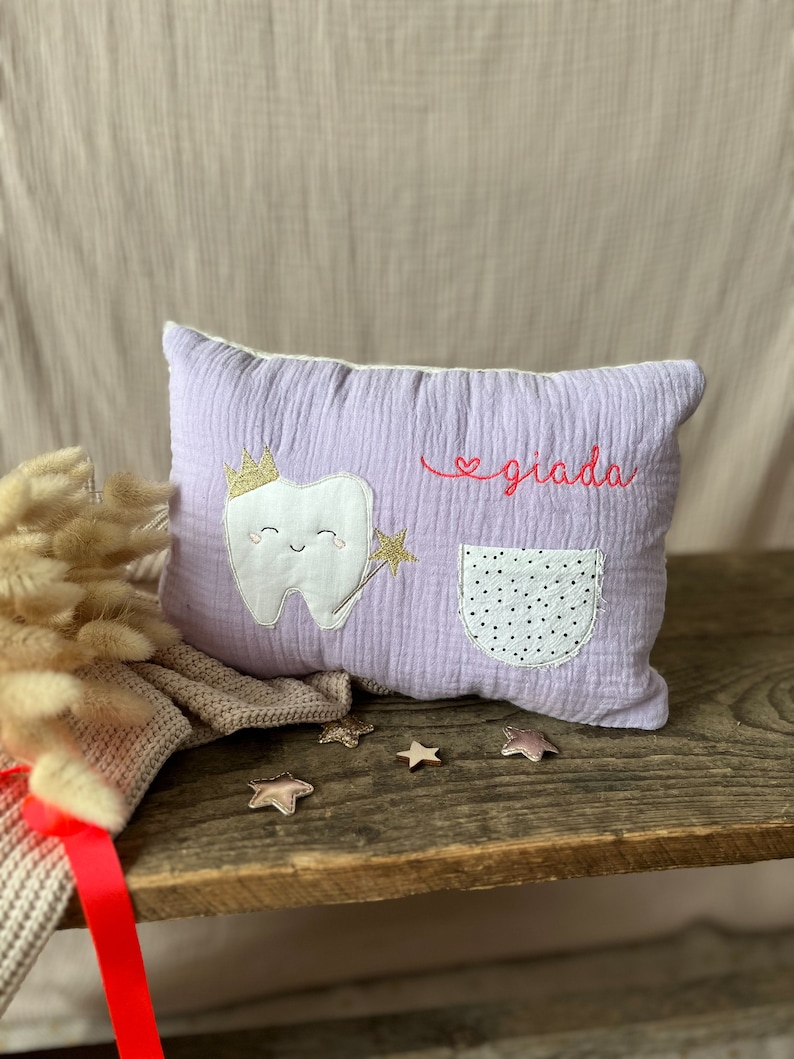 Tooth fairy pillow lilac with name neon for milk tooth gift image 1