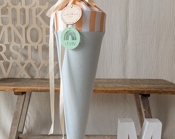School cone muslin colour blocking antique mint | yellow striped