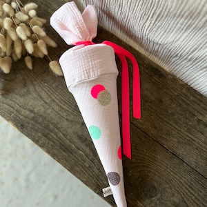 Kita sac/sac pour frères et sœurs mini cartable en mousseline rose clair à pois en rose fluo/menthe/paillettes