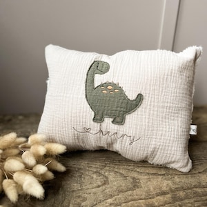 Namenskissen Natur mit Dino | Dinokissen Khaki & Natur hell | Namensstickerei INKLUSIVE