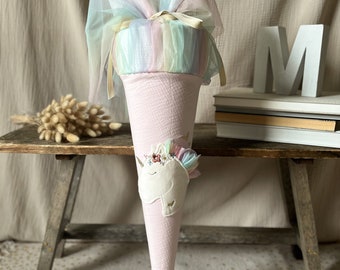 School cone muslin light pink with rainbow tulle / unicorn appliqué made of cuddly fur with flower embroidery pony unicorn