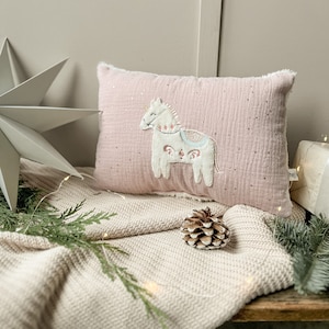 Name pillow with unicorn application in old pink with gold dots image 1