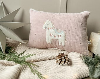 Name pillow with unicorn application in old pink with gold dots