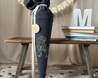 School cone muslin dark grey DINO T-Rex embroidery in cool origami style in neon green
