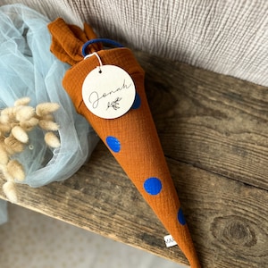 Sac kita/sac pour frères et sœurs mini cartable mousseline cannelle à pois bleus