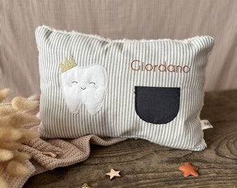 Tooth fairy pillow for milk tooth gift linen fabric striped with name in bronze