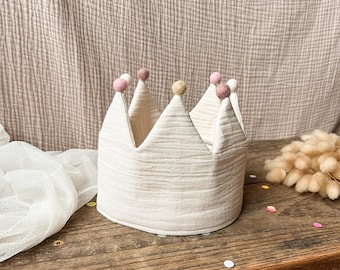 Natural muslin birthday crown with felt pompoms in shades of pink