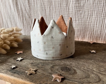 Birthday crown muslin natural with flowers - brown with dots