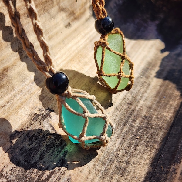 Hemp cord cage sea glass adjustable necklace