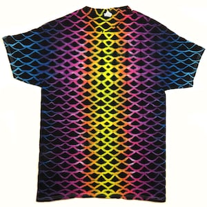 May include: A black t-shirt with a rainbow tie-dye pattern in a fish scale design.